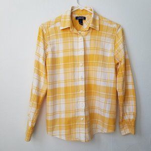 Lands End Cotton Yellow Button Up Plaid Long Sleeve Shirt Blouse Size 2P